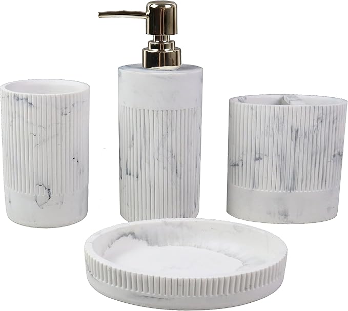 Hymmah Marble Bathroom Accessories Set,Farmhouse Bathroom Decor,4 Pcs Resin Gift Set Apartment Necessities, Contain Cotton Swab Jar,Soap Dispenser,Tumbler，Soap Dish/Tray
