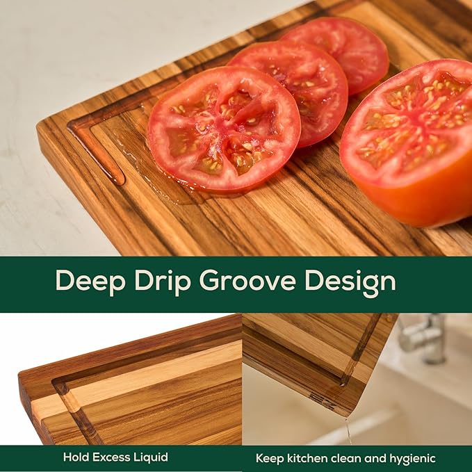 Non-Toxic Teak Wood Cutting Board & Serving Board, Pre-Oiled Edge Grain with Juice Groove and Handles, Knife Friendly, Food Grade Mineral Oil Coating (S 14" x 10" x 1", 3.75 lbs)