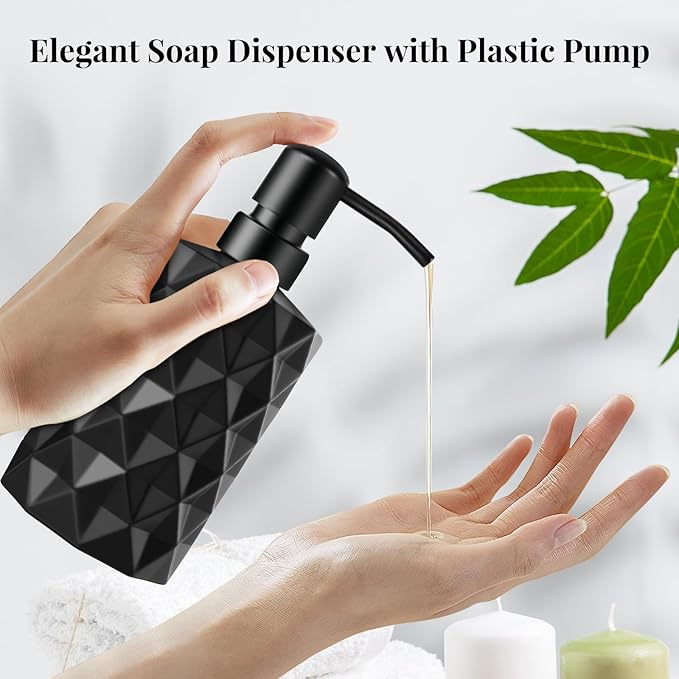Black Glass Soap Dispenser with Pump, 11oz Diamond Design Hand Soap Dispenser, Refillable Lotion & Dish for Dishwashing Liquid, Lotion Shower Gel