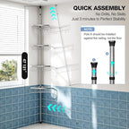 Corner Shower Caddy Tension Pole: Adjustable Rustproof 4-Tier Inside Bathroom Organizer - 47-121 inch Quick Installation Bathtub Shelves for Shampoo Storage - Rod Floor Standing Bath Rack