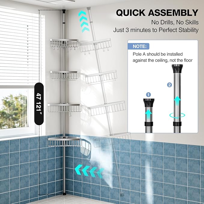 Corner Shower Caddy Tension Pole: Adjustable Rustproof 4-Tier Inside Bathroom Organizer - 47-121 inch Quick Installation Bathtub Shelves for Shampoo Storage - Rod Floor Standing Bath Rack
