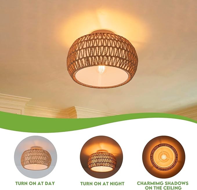 Rattan Chandelier Boho Ceiling Light Fixtures Drum Flush Mount Ceiling Light Small Woven Chandelier for Kitchen Bedroom Hallway Nursery Light Fixture
