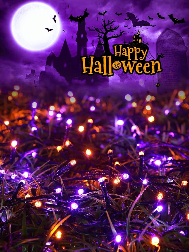 Flacchi 2 Pack Solar Halloween Lights Total 144ft 400 LED 8 Modes Outdoor String Lights Waterproof Solar Fairy Lights for Garden, Patio, Fence, Balcony, Outdoors,Holiday Decoration (Orange & Purple)