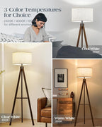 ELYONA Tripod Floor Lamp with Table, Mid Century Wood Shelf Standing Light Modern Tall Floor Lamp with Linen Shade for Living Room Bedroom Office,Dark Brown, 3 Color Temperatures LED Bulb Include