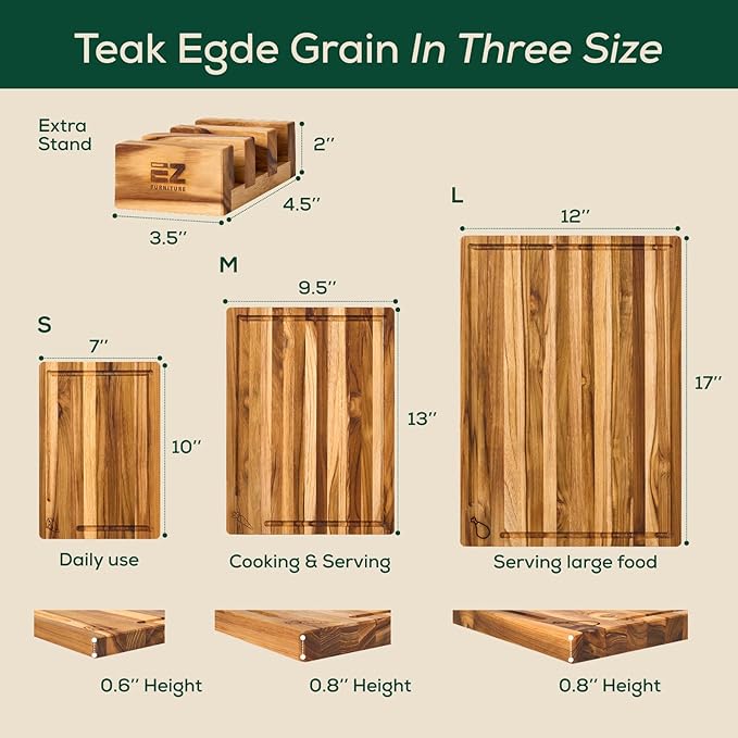 Non-Toxic Set 3 Teak Cutting Board, Pre-Oiled Premium Wood Cutting Board with Juice Groove and Handles, Suitable for Chopping Meat, Vegetables, Included Gift Box, with Non Slip Feet