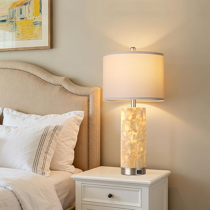 PARTPHONER Coastal Table Lamps for Living Room Set of 2, Bedside Lamps with Night Light, USB A+C Ports, 4-Way Rotary Switch, Seashell Nightstand Lamps for Bedroom and Home Office(LED Bulbs Included)
