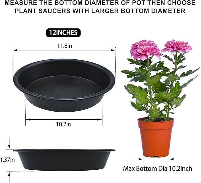 TITE 3 Pack Plant Saucer Heavy Duty Sturdy Drip Trays for Indoor and Outdoor (12 Inch, Black)