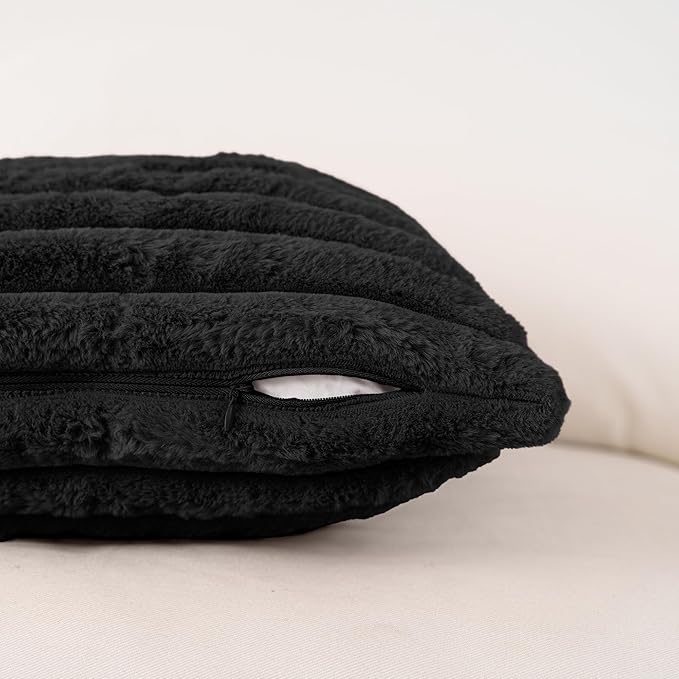 NiNi ALL Faux Fur Plush Throw Pillow Covers Black 20x20 Inch Set of 2 Decorative Soft Plush Striped Couch Pillow Cover for Sofa Cushion Cases for Couch Bed Home Decor
