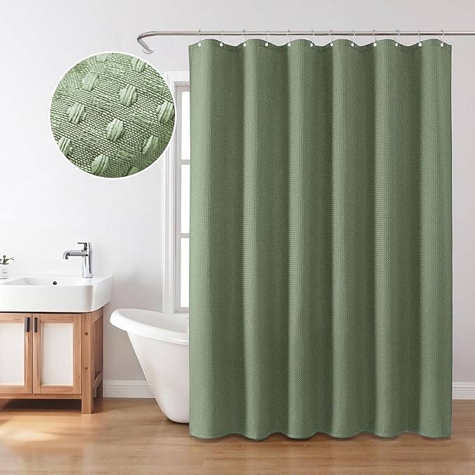 Inhousolu Fabric Shower Curtain Waffle Weave, Sage Green 230 GSM Heavy Duty, Weighted Hem, 14 Metal Hooks, Water Repellent, Machine Washable, Hotel Spa Luxury Bath Curtain Set, 72 x 78 Inch