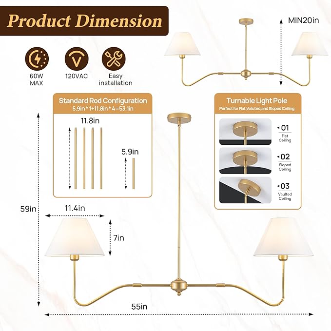 2-Light Gold Modern Linear Chandelier, 55 Inch Farmhouse Kitchen Island Lighting with White Fabric Shades, Dining Room Light Fixtures for Living Room Bedroom, Height Adjustable