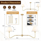 2-Light Gold Modern Linear Chandelier, 55 Inch Farmhouse Kitchen Island Lighting with White Fabric Shades, Dining Room Light Fixtures for Living Room Bedroom, Height Adjustable