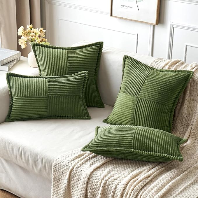 MIULEE Decorative Lumbar Throw Pillow Covers for Couch Bed Livingroom 12x20 Inch Set of 2 Moss Green Boho Accent Throw Pllows Broadside Striped Patchwork Soft Corduroy Summer Pillowcases