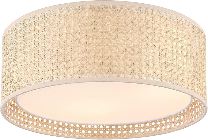 WINGBO 15.7" Modern 3-Light Flush Mount Ceiling Light Fixture with Rattan & Fabric Double Drum Shade for Bedroom Living Room Dining Room Hallway Entryway, Khaki
