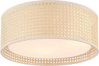 WINGBO 15.7" Modern 3-Light Flush Mount Ceiling Light Fixture with Rattan & Fabric Double Drum Shade for Bedroom Living Room Dining Room Hallway Entryway, Khaki