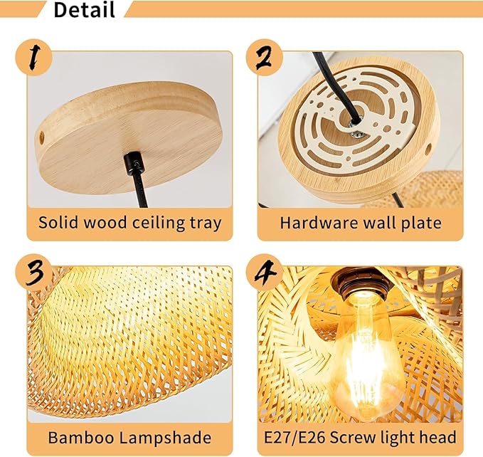 18inch Bamboo Rattan Pendant Light, Hand-Woven Wicker Boho Hanging Ceiling Lights Fixture, Beige Pendant Lamp Rustic Farmhouse Chandelier for Kitchen Island, Dining Room, Bedroom, Living Room