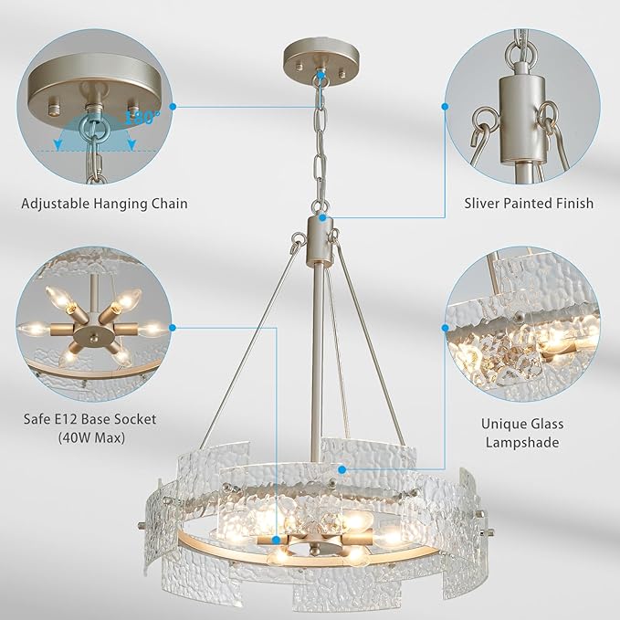 XINGQI Modern Farmhouse Chandelier 6-Light Silver Glass Drum Chandeliers 19.7" Height Adjustable Water Ripple Rustic Pendant Lighting Fixture for Dining Room Living Room Kitchen Island