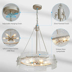 XINGQI Modern Farmhouse Chandelier 6-Light Silver Glass Drum Chandeliers 19.7" Height Adjustable Water Ripple Rustic Pendant Lighting Fixture for Dining Room Living Room Kitchen Island