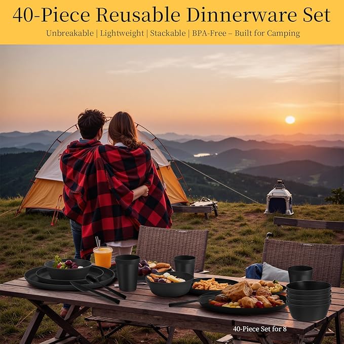 40 Piece Stackable Dinnerware Set for Small Kitchens, Modern Minimalist Plates & Flat Bottom Bowls (Pasta/Salad), Unbreakable & Microwave Safe, Blue