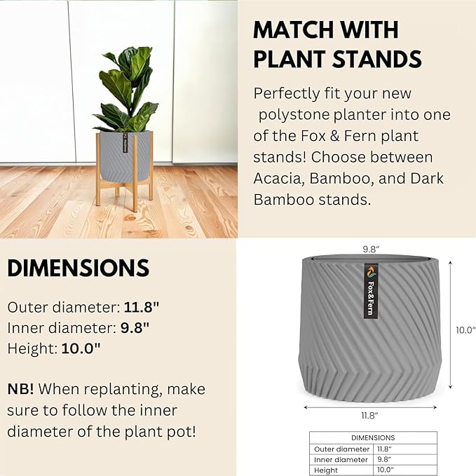 Fox & Fern Large 12 Inch Planter — Premium Polystone Gray Plant Pot with 3D Texture and Drainage Plug; 12 Inch Pots for Plants Indoor; Large Planter for Indoor & Outdoor Plants