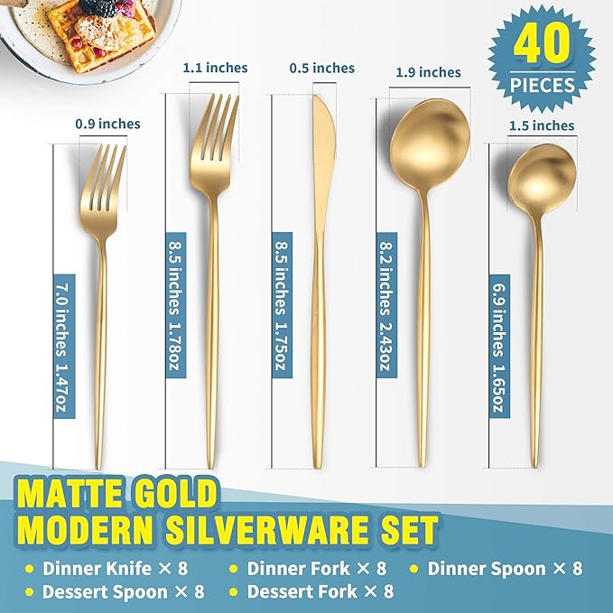 Lemeya Matte Gold Silverware Set for 8,Modern Stainless Steel Brushed Cutlery Set,40-Pieces Heavy Duty Flatware Set,Knives Spoons and Forks Set Utensils Set,Satin Finish,Dishwasher Safe