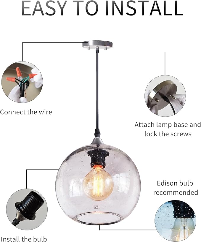ARIAMOTION Pendant Lighting Kitchen Island Modern Rustic Glass Hanging Lights Globe Clear Seeded Bubble Light Fixtures Dining Room Table Bedroom Bathroom Office Brushed Nickel 8.7 Inch Diam 2 Pack