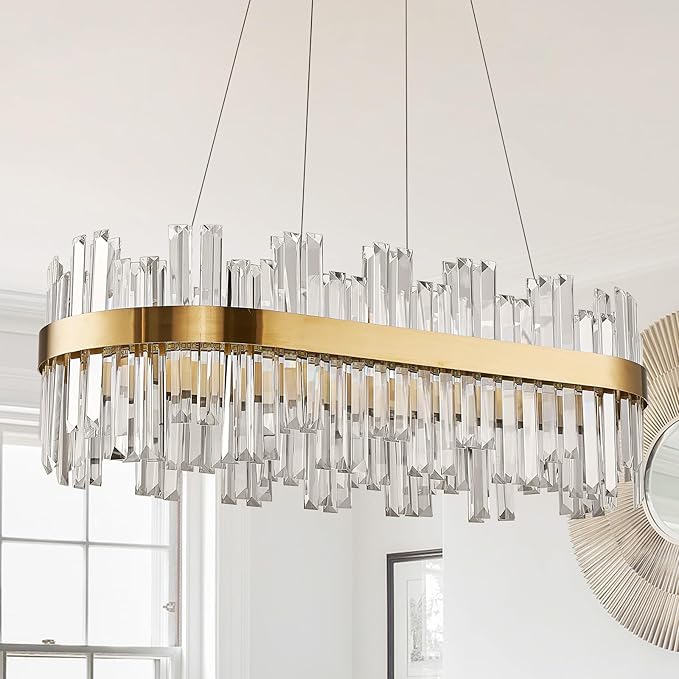 39.3" Dimmable Rectangle LED Crystal Chandeliers,Gold Chandelier Light, 3 Colors Contemporary Pendant Ceiling Light for Dining Room Living Room Kitchen Island Entryway Foyer,with Remote Control