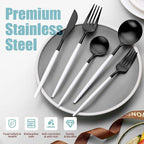 Lemeya Matte Black White Silverware Set for 4,Modern Stainless Steel Brushed Cutlery Set,20-Pieces Heavy Duty Flatware Set,Knives Spoons and Forks Set Utensils Set, Satin Finish, Dishwasher Safe