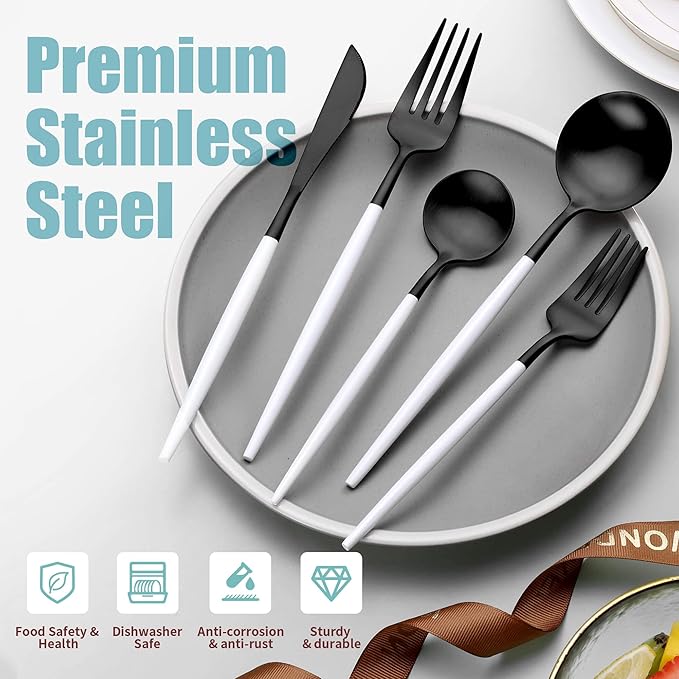 Lemeya Matte Black White Silverware Set for 4,Modern Stainless Steel Brushed Cutlery Set,20-Pieces Heavy Duty Flatware Set,Knives Spoons and Forks Set Utensils Set, Satin Finish, Dishwasher Safe