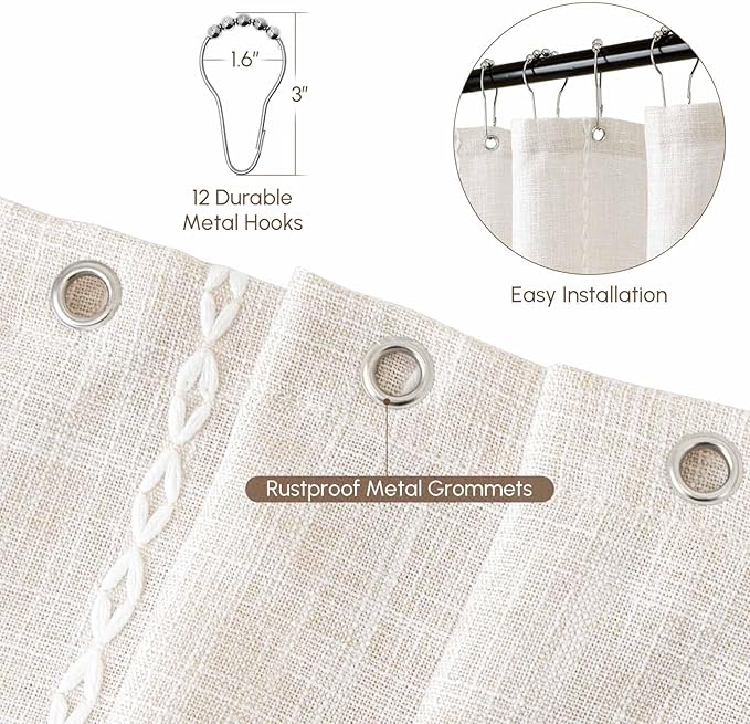 WELTRXE Boho Shower Curtain, Modern Farmhouse Shower Curtain Set with Tassels, Rustic Bathroom Decor, Heavy Duty Fabric Water Repellent with Hook, Beige/Cream, 72x72 Inches