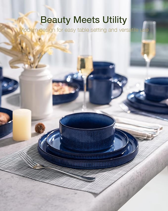 Famiware Star Plates and Bowls Sets, Modern Stoneware Dinnerware Sets for 6, 18-Piece Kitchen Dish Set - Chip and Scratch Resistant, Microwave and Dishwasher Safe Tableware, Nebulas Blue