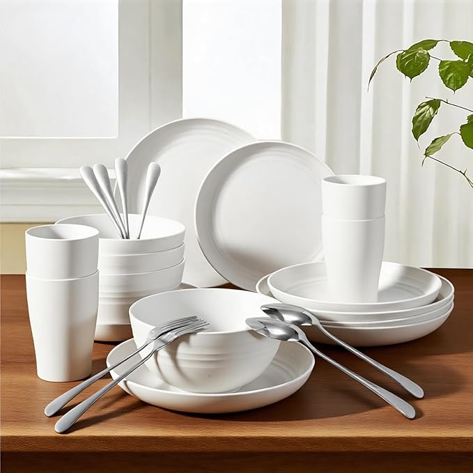 24 Pcs Dinner Plates Set- Picnic & Camping- Unbreakable & Reusable- Includes 4 x 9in, 4 x 8in Plates, 4 x 6in Bowls, 4 Cups, 4 Stainless Steel Forks and Spoons- Kitchen, Dorm, Office