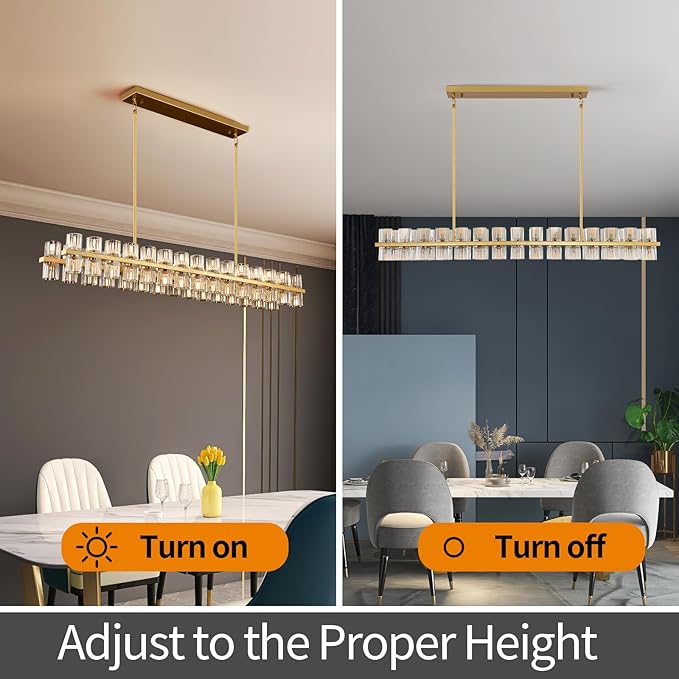 Crystal Gold Rectangular Chandelier for Dining Room,54in Dining Chandeliers Over Table,Modern Chandelier for Dining Room,Arcachon Chandelier Kitchen Island Chandeliers,Includes 60XG4 Bulbs