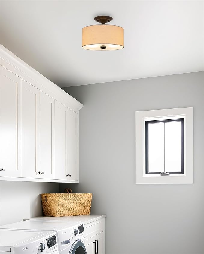 Kira Home Addison 13" 2-Light Semi-Flush Mount Ceiling Light Fixture with Off-White Fabric Drum Shade, Bronze Finish