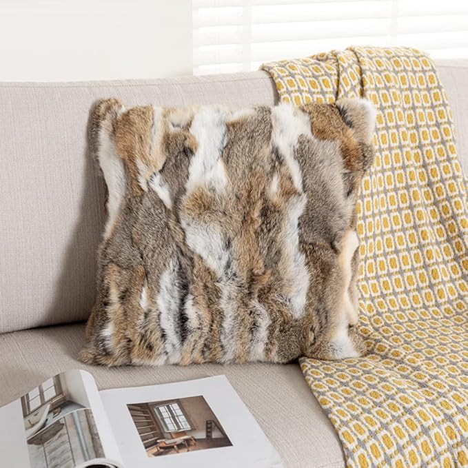 Rabbit Pelt Sofa Pillow Case Home Living Room for Decorative Fur Cushion Cover Throw Pillows Covers Case (Yellow) 16in×16in