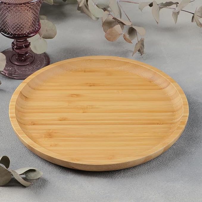 JOIKIT 5 Pack 8 Inch 20cm Bamboo Round Platter, Fine Polished Round Wood Plates Bamboo Serving Tray for Holding Fruit, Bread, Cheese, Nut, Coffee, Tea, Plant Saucer