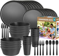 40 Piece Stackable Dinnerware Set for Small Kitchens, Modern Minimalist Plates & Flat Bottom Bowls (Pasta/Salad), Unbreakable & Microwave Safe, Black