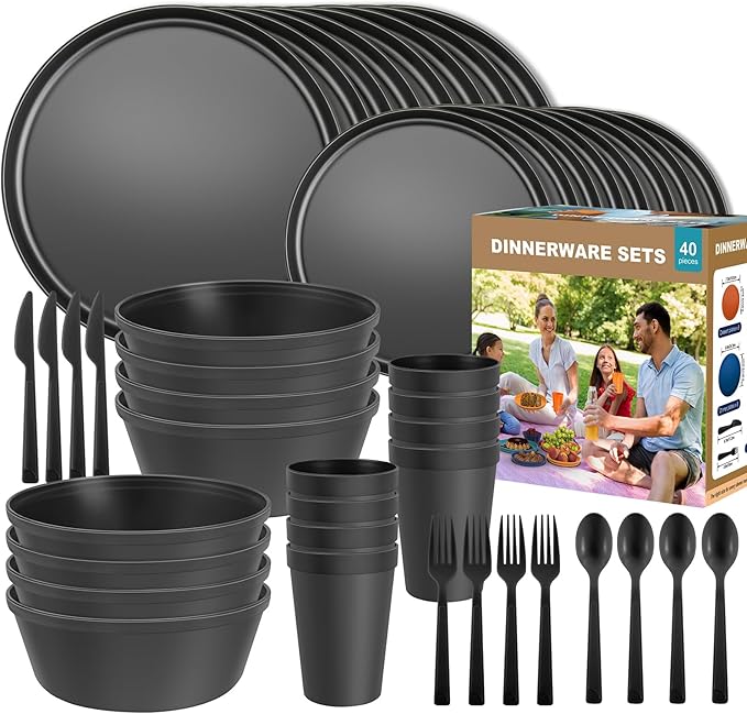 40 Piece Stackable Dinnerware Set for Small Kitchens, Modern Minimalist Plates & Flat Bottom Bowls (Pasta/Salad), Unbreakable & Microwave Safe, Black