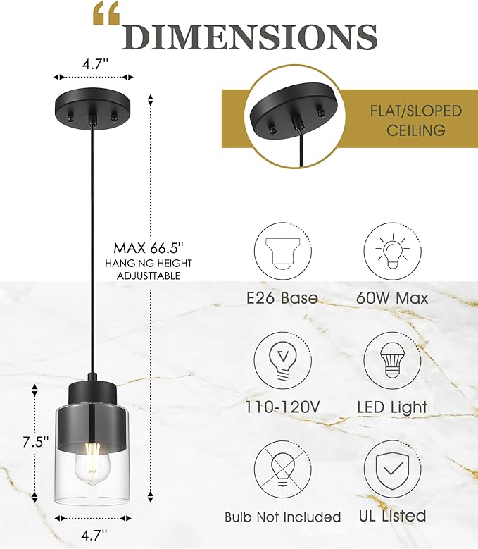 Black Pendant Lights Kitchen Island, Dual Shade Hanging Lights Fixtures with Metal and Clear Glass, Modern Kitchen Pendant Lighting Over Island for Dining Room, AD-24022-1P-BK
