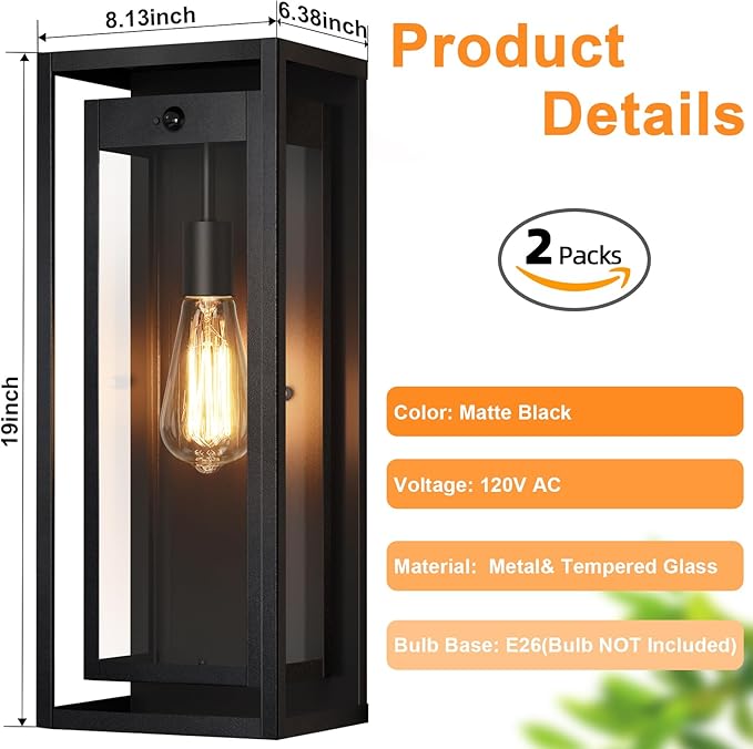 19" Motion Sensor Outdoor Wall Lights, 2 Pack Large Dusk to Dawn Outdoor Lights, 2 Lighting Modes Waterproof Anti-Rust Wall Sconces, Exterior Lighting Fixtures for Front Door, Porch, Garage