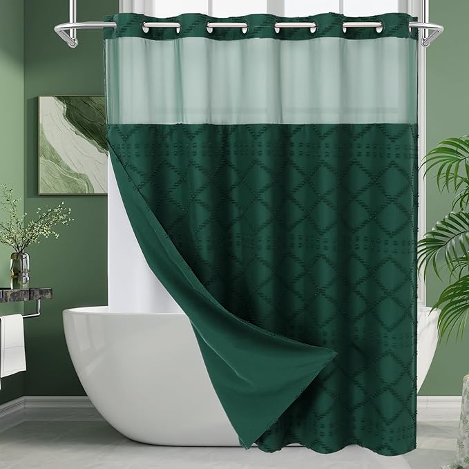 No Hooks Boho Dark Green Woven Fabric Shower Curtain 72 x 74 Modern Farmhouse, Tufted Chevron Striped Shabby Chic Textured, Minimalist Hookless Shower Curtains for Bathroom, Hotel Decor