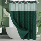 No Hooks Boho Dark Green Woven Fabric Shower Curtain 72 x 86 Modern Farmhouse, Tufted Chevron Striped Shabby Chic Textured, Minimalist Hookless Shower Curtains for Bathroom, Hotel Decor