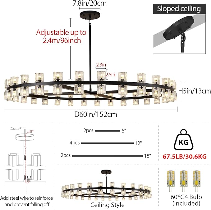Modern 60 inch Black Round Chandelier, Extra Large Chandeliers Crystal Chandeliers for Living Room, Large Wagon Wheel Chandelier for Foyer, Staircase, Entrance,Includes Bulb