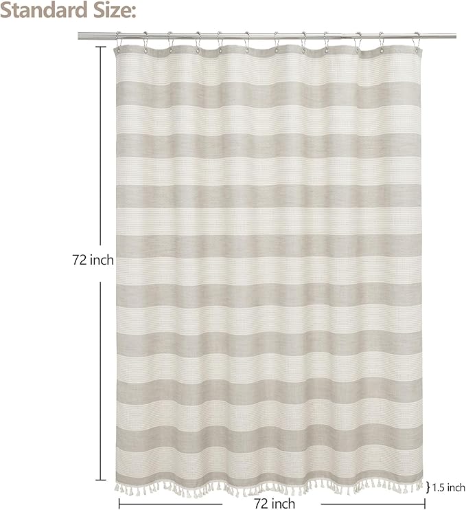 Boho Farmhouse Beige Heavyweight Shower Curtain with Tassels, 350GSM Cotton Linen Natural Fabric Shower Curtain Water Repellent, 72x72 Inch Khaki Tan Striped Country Bathroom Shower Curtains