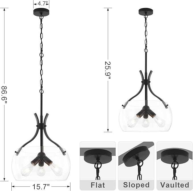 15.7" Large Glass Chandelier, 3-Light Industrial Farmhouse Chandelier, Black Round Pendant Light Fixture with Glass Shade for Dining Room Kitchen Sink Hallway Entryway