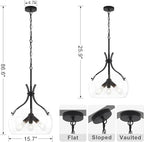 15.7" Large Glass Chandelier, 3-Light Industrial Farmhouse Chandelier, Black Round Pendant Light Fixture with Glass Shade for Dining Room Kitchen Sink Hallway Entryway