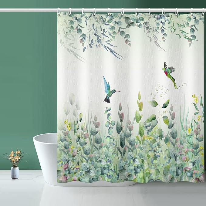 Green Leaf Shower Curtain, Emerald Bird Mint Green 72 “W x 72” L with 12 Hooks, Weighted Hem Bathroom Shower Curtain, Hummingbird Shower Curtains Water Resistant