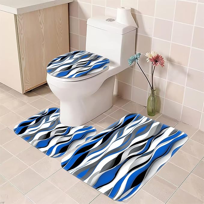 Modern Striped Shower Curtain Set with Waterproof Fabric, 70.8x70.8 Inches, Includes 12 PCS Hooks - Blue, Black, White, Grey Design, Home Bathroom Decor with Rugs and Toilet Lid Cover.