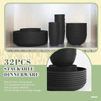 Wrova 32-piece Kitchen Alternative Melamine Wheat Straw Dinnerware Sets,Unbreakbale Dishwasher Safe Kitchen Bowls and Plates Sets with Cups,Apartment Essential Dishes Set for 8.Black Series