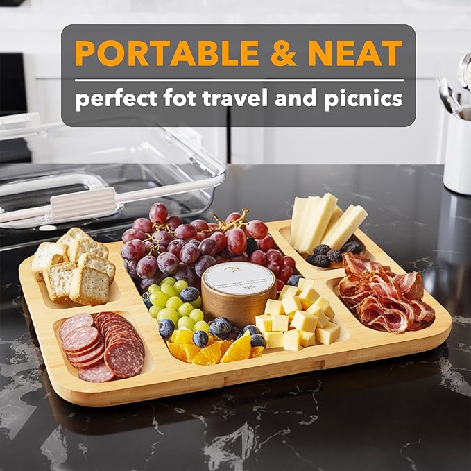 SpaceAid Charcuterie Board with Clear Lid, Portable Travel Cheese Cutting Boards for Picnic Accessories, Bamboo Serving Tray with Lids, House Warming Gifts, White Handles, 5 Compartments