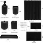8-Piece Matte Black Bathroom Set - Luxury Resin Bathroom Accessories Sets Complete with Shower Curtain and Rugs, Soap Dispenser, Toothbrush Holder, Cup, Apothecary Jars & Tray